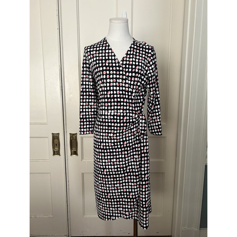 Talbots Polka Dot Stretch Faux Wrap Sheath Dress Womens Size Med. Black Pink
